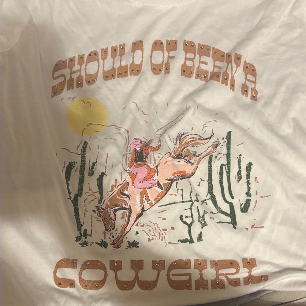 White Graphic Tee with Cowgirl Print